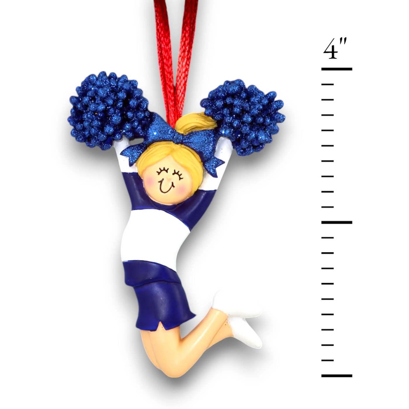 Personalized Cheerleader Blonde Female Christmas Ornament in Blue Uniform with Custom Name and Year – Resin Ornament