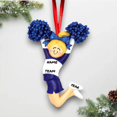 Personalized Cheerleader Blonde Female Christmas Ornament in Blue Uniform with Custom Name and Year – Resin Ornament