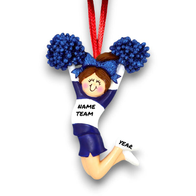 Personalized Cheerleader Ornament with Blue Uniform and Brunette Hair – Custom Name, Team, and Year.