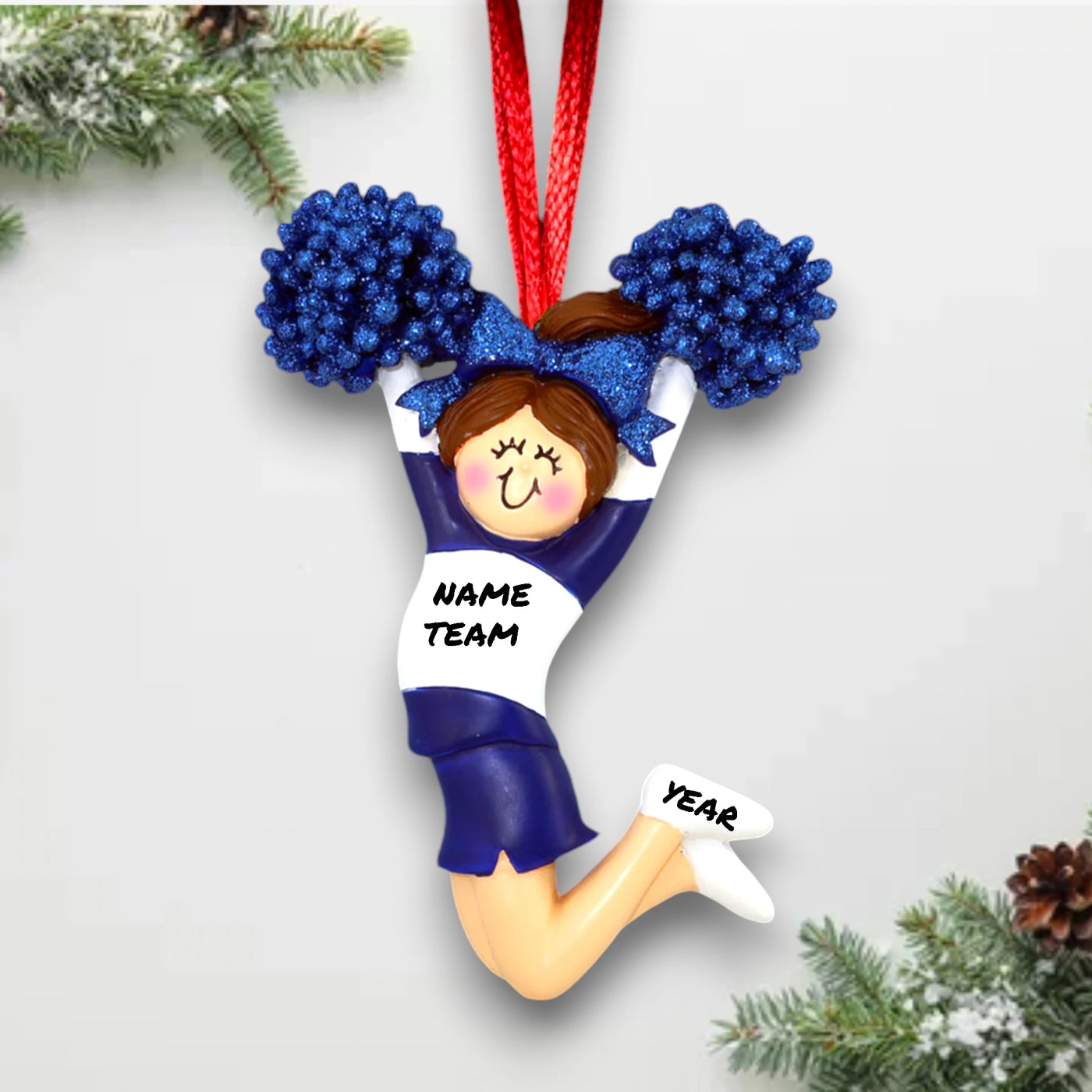 Personalized Cheerleader Ornament with Blue Uniform and Brunette Hair – Custom Name, Team, and Year.