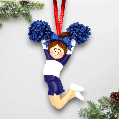 Personalized Cheerleader Ornament with Blue Uniform and Brunette Hair – Custom Name, Team, and Year.