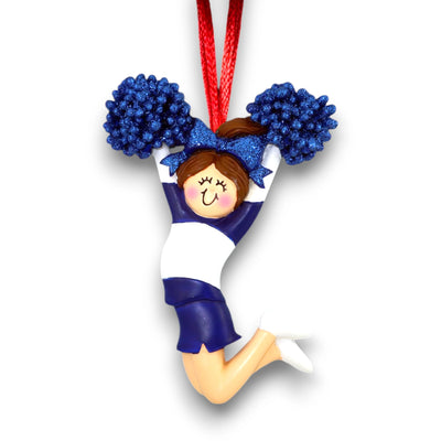 Personalized Cheerleader Ornament with Blue Uniform and Brunette Hair – Custom Name, Team, and Year.