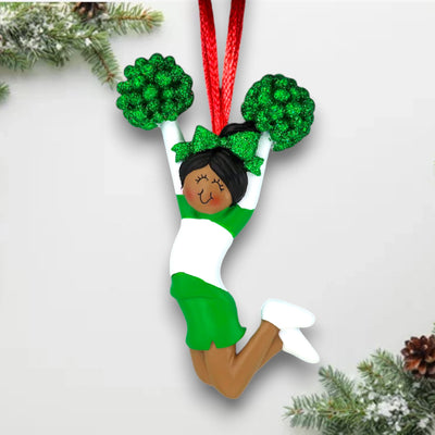 Personalized Green Cheerleader Ornament with Name, Team, and Year – African American Female Resin Ornament