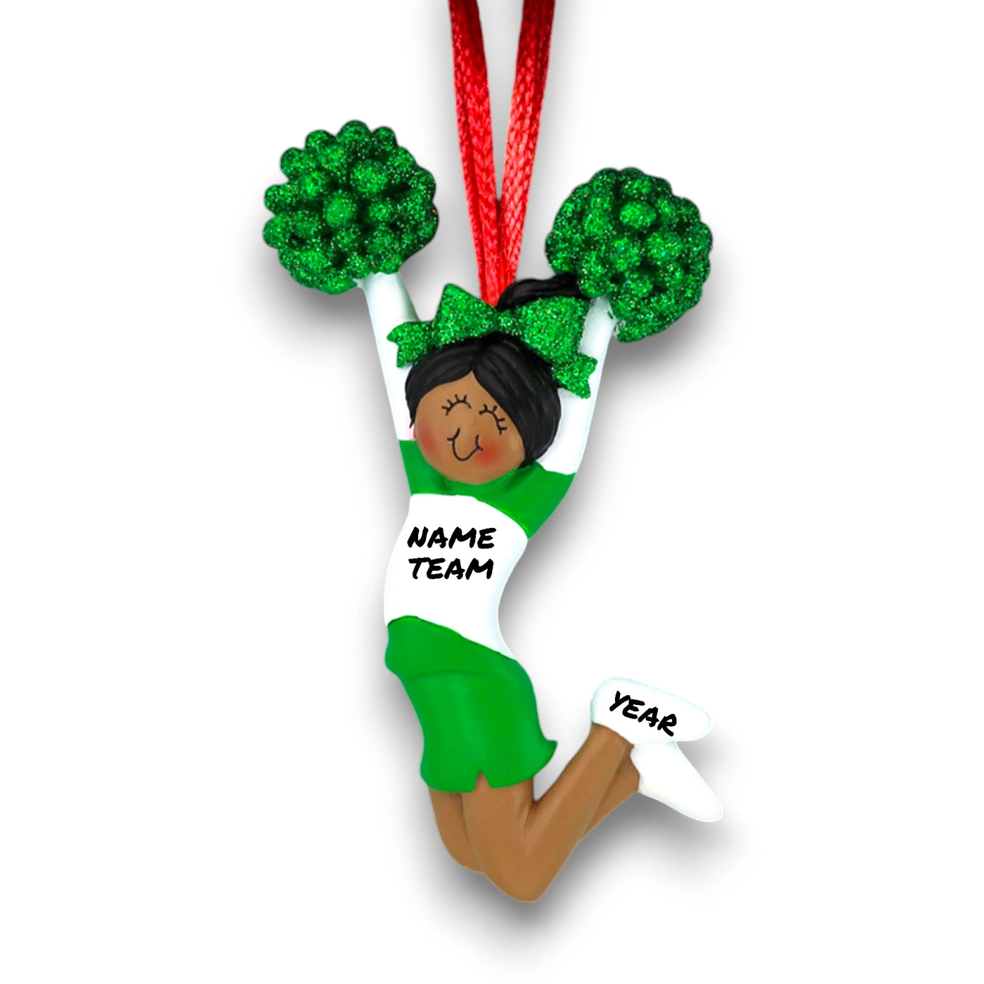 Personalized Green Cheerleader Ornament with Name, Team, and Year – African American Female Resin Ornament