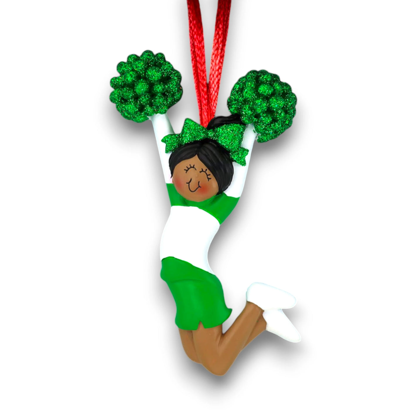 Personalized Green Cheerleader Ornament with Name, Team, and Year – African American Female Resin Ornament