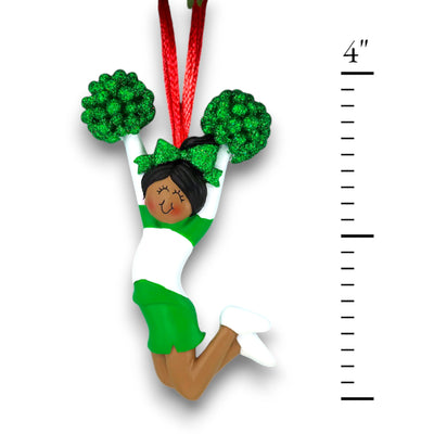 Personalized Green Cheerleader Ornament with Name, Team, and Year – African American Female Resin Ornament