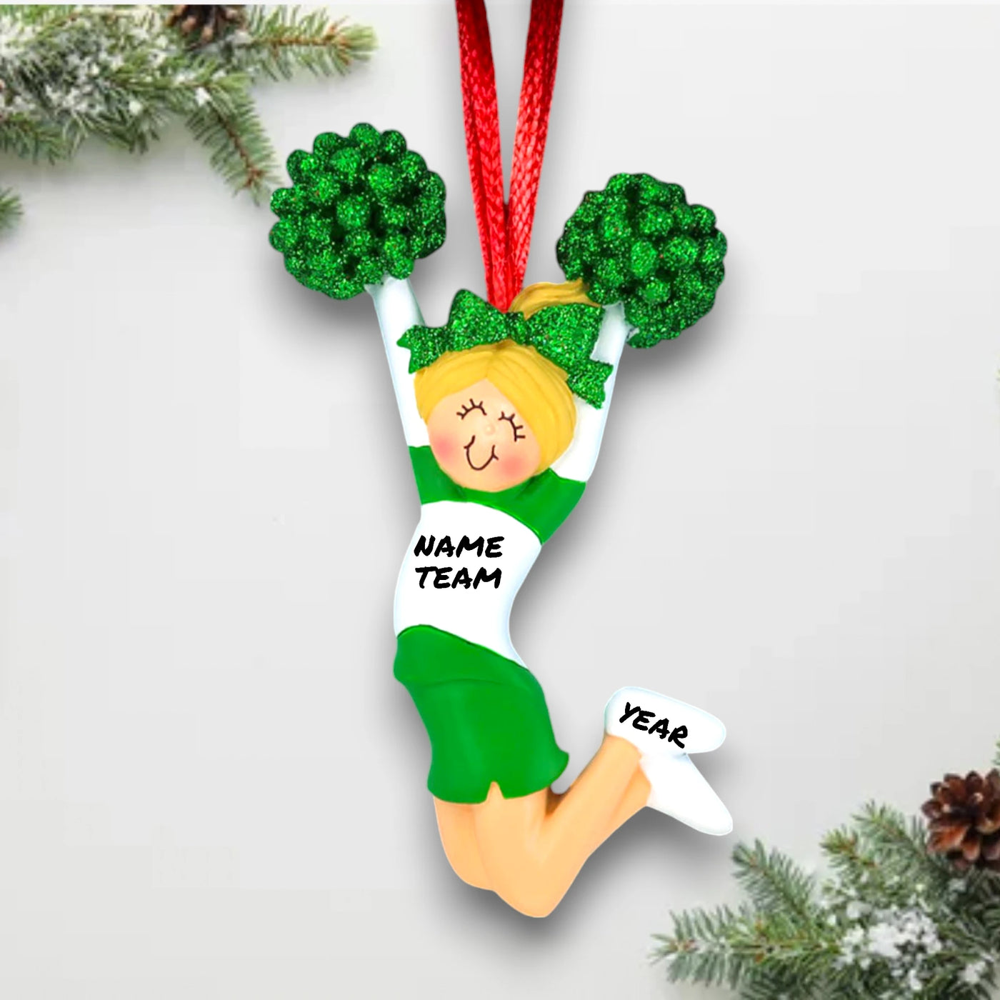 Personalized Cheerleader Green Uniform Female Blonde Ornament with Custom Name and Team – Resin Christmas Ornament
