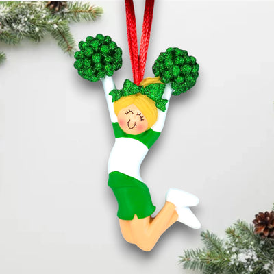 Personalized Cheerleader Green Uniform Female Blonde Ornament with Custom Name and Team – Resin Christmas Ornament
