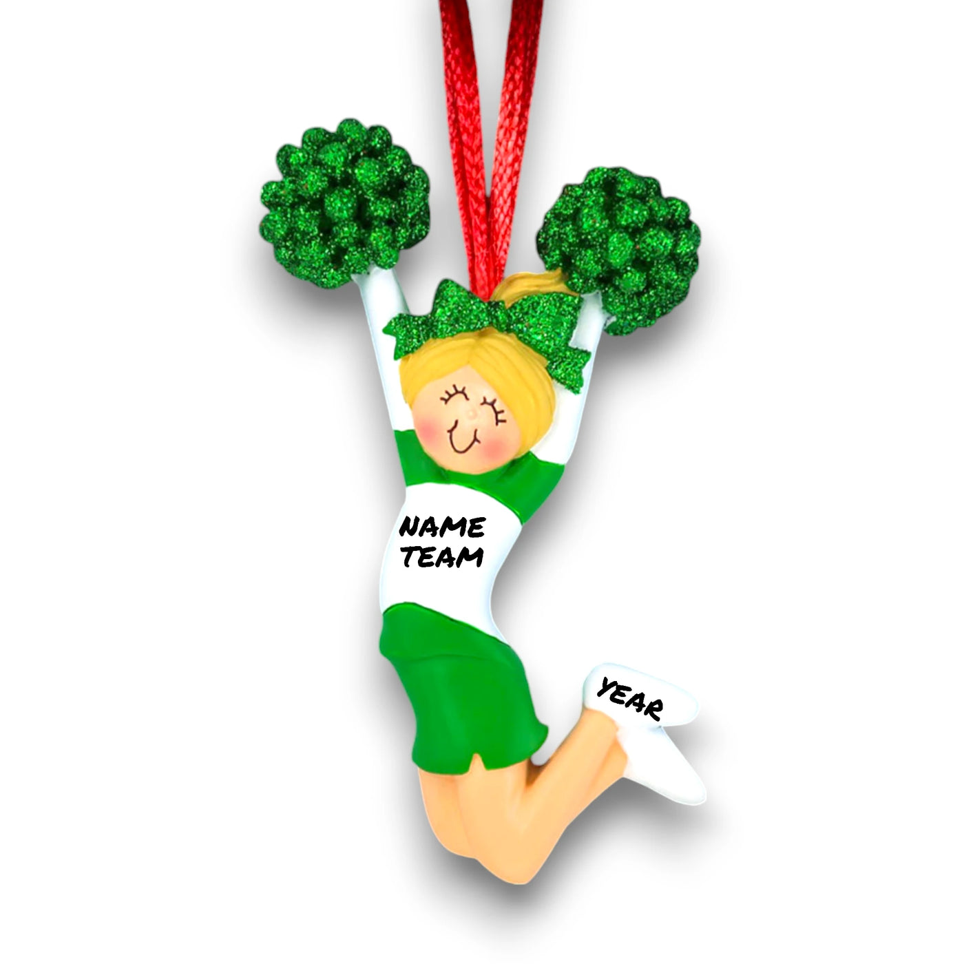 Personalized Cheerleader Green Uniform Female Blonde Ornament with Custom Name and Team – Resin Christmas Ornament
