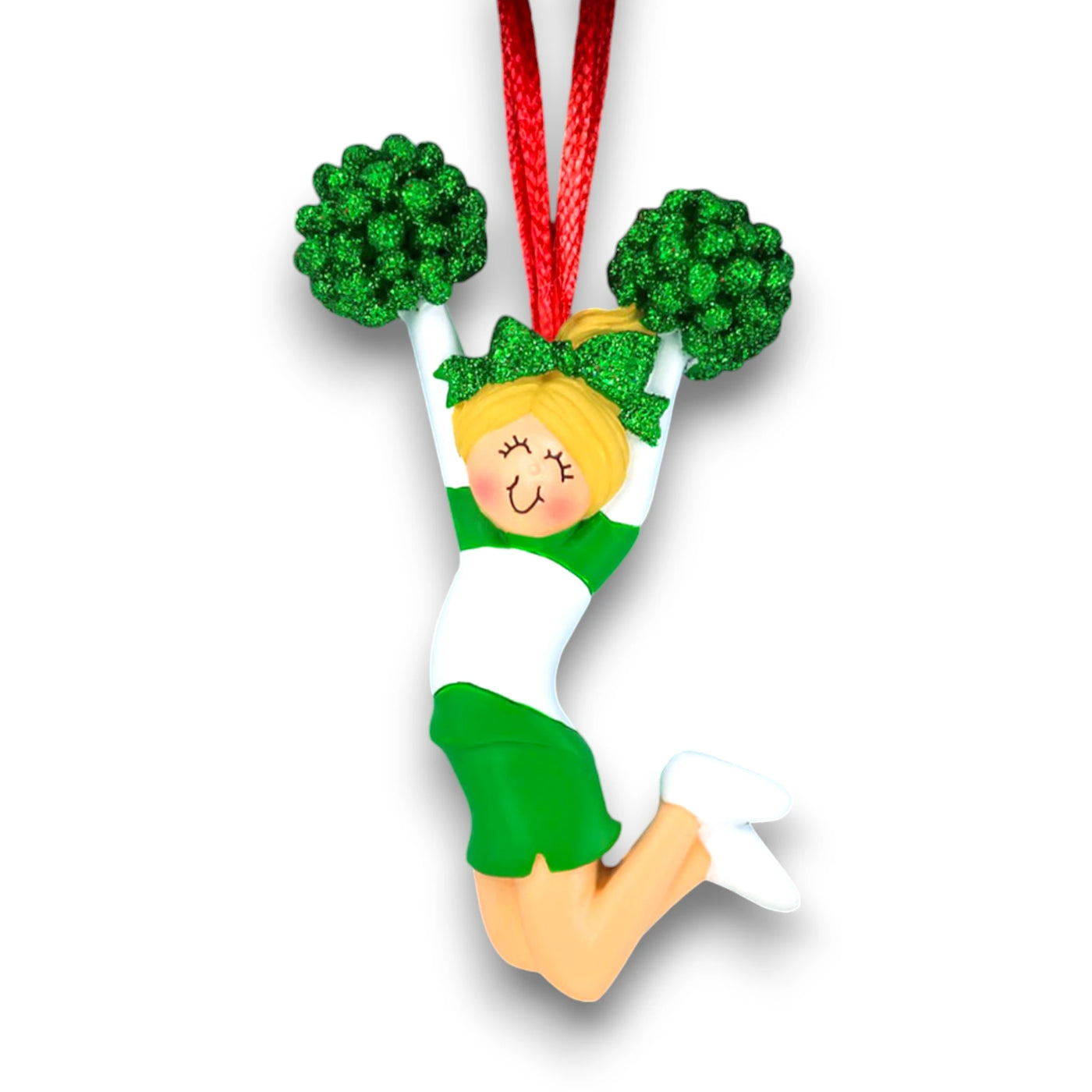 Personalized Cheerleader Green Uniform Female Blonde Ornament with Custom Name and Team – Resin Christmas Ornament
