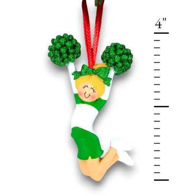 Personalized Cheerleader Green Uniform Female Blonde Ornament with Custom Name and Team – Resin Christmas Ornament
