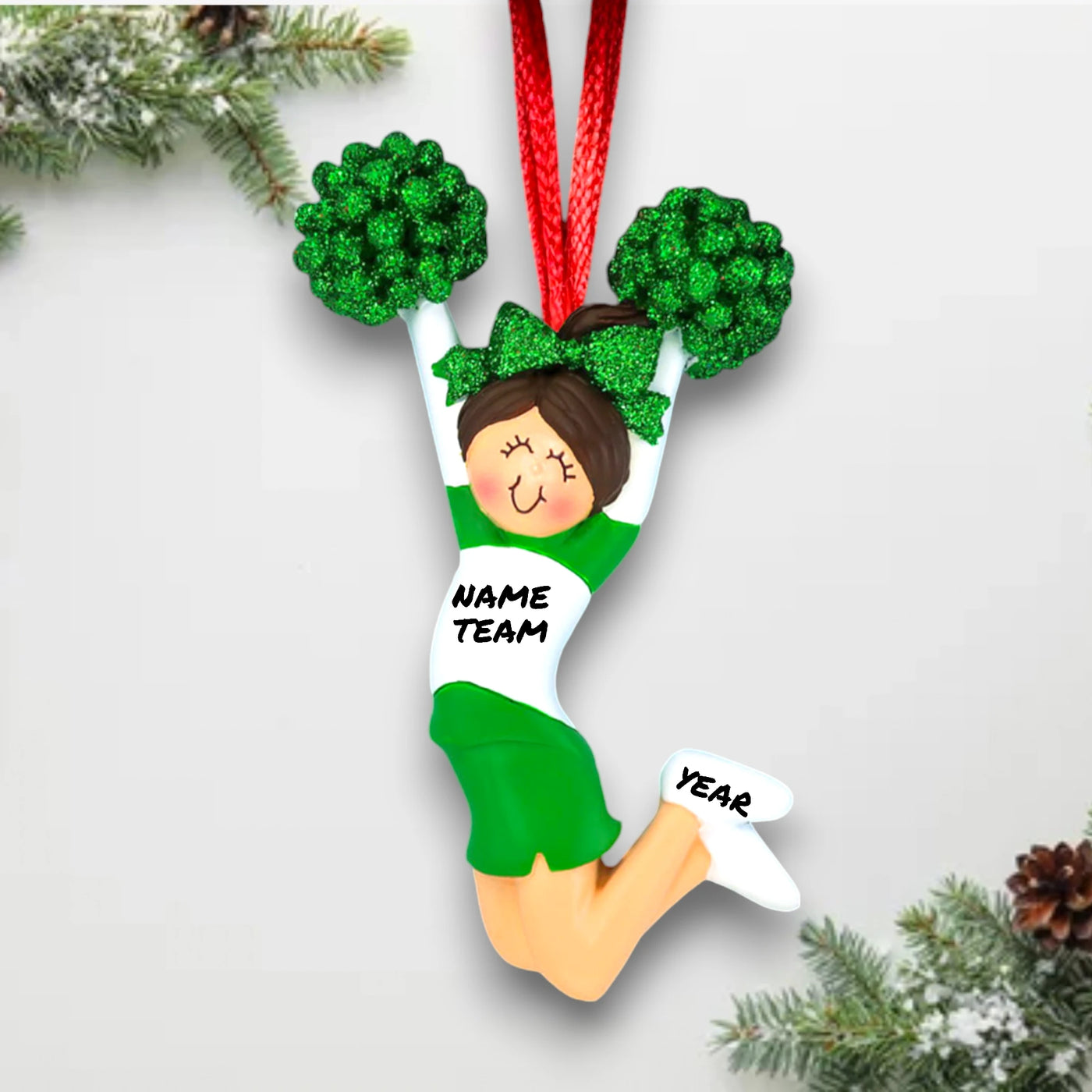 Personalized Cheerleader Ornament in Green Uniform with Custom Name and Year – Resin Christmas Ornament