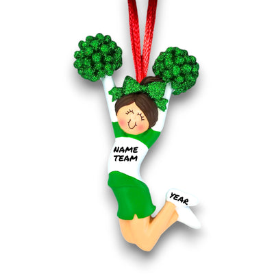 Personalized Cheerleader Ornament in Green Uniform with Custom Name and Year – Resin Christmas Ornament