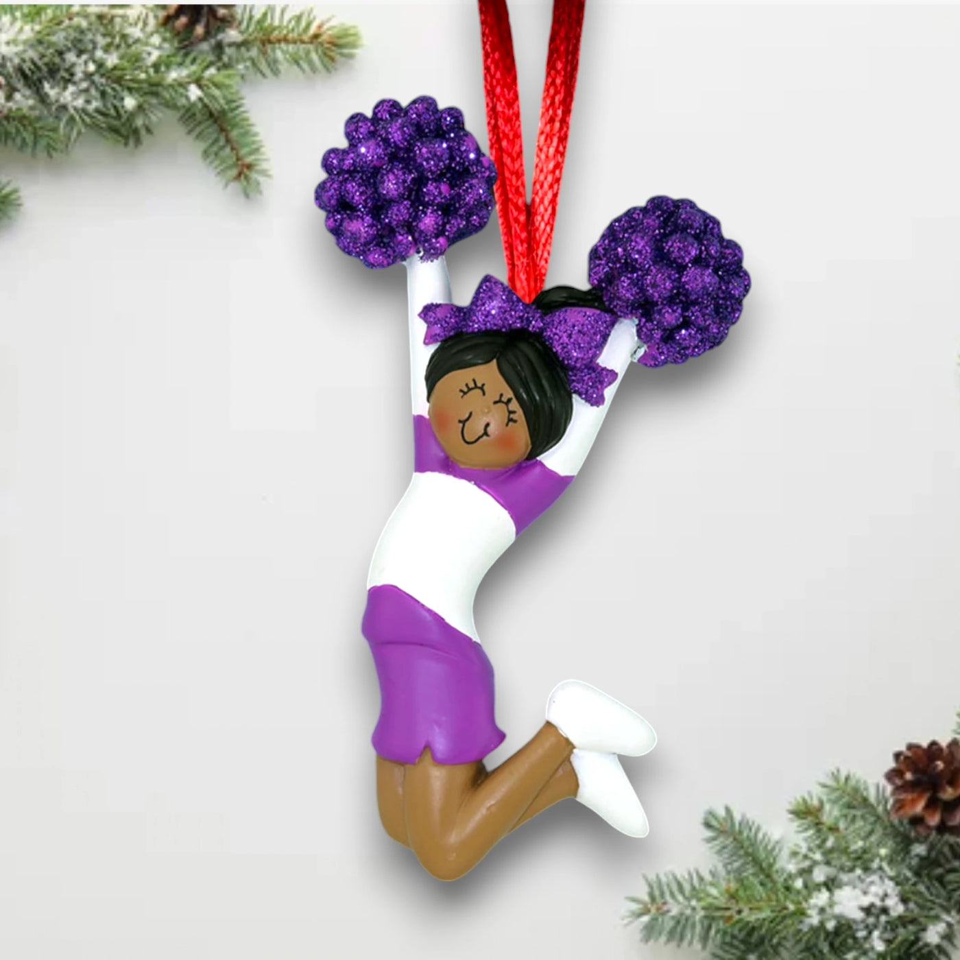 African American cheerleader ornament in purple uniform with customizable name, team, and year.