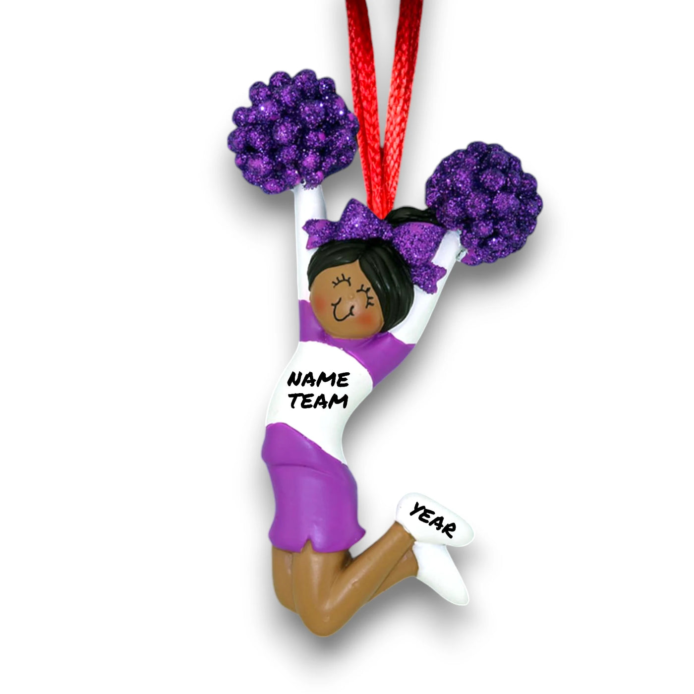 African American cheerleader ornament in purple uniform with customizable name, team, and year.