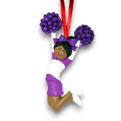 African American cheerleader ornament in purple uniform with customizable name, team, and year.