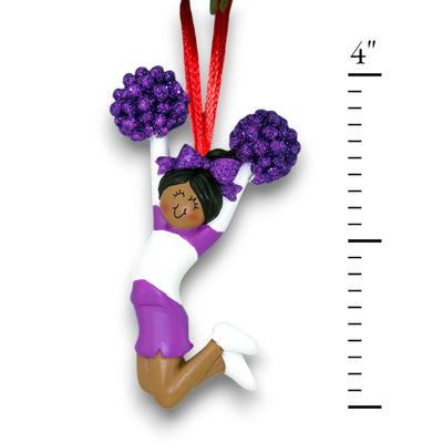 African American cheerleader ornament in purple uniform with customizable name, team, and year.