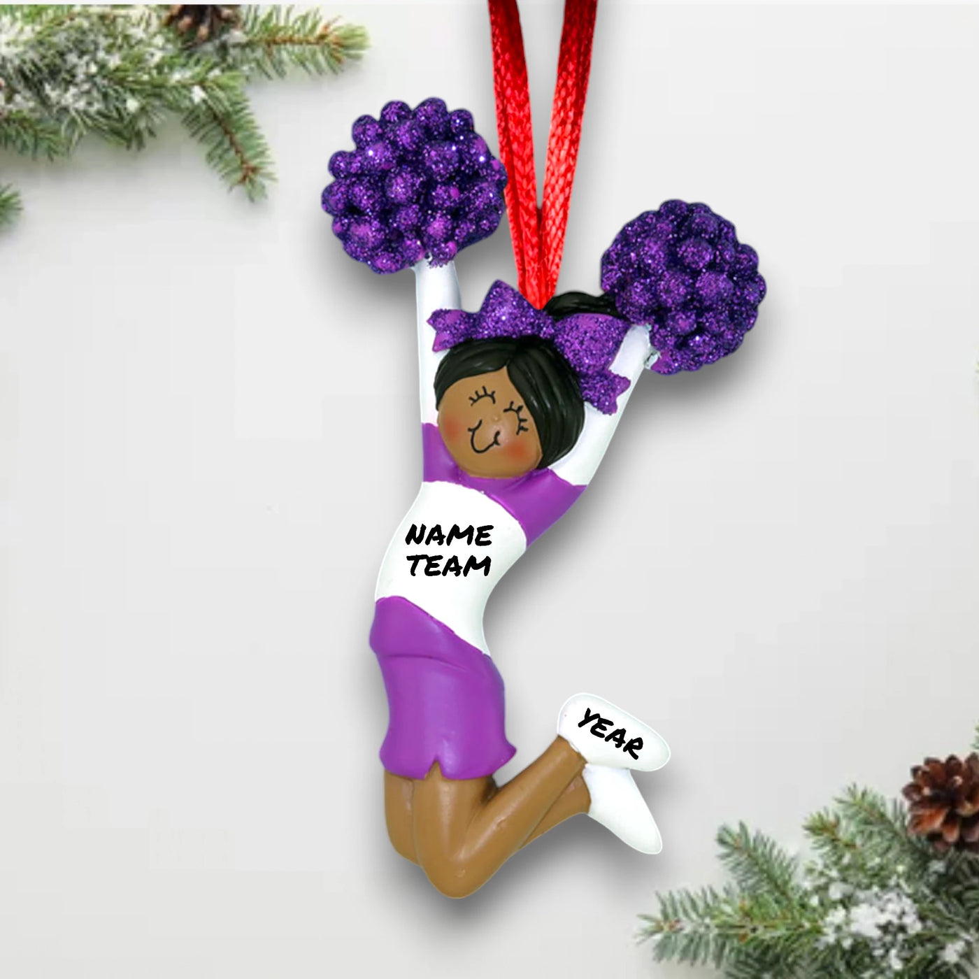 African American cheerleader ornament in purple uniform with customizable name, team, and year.