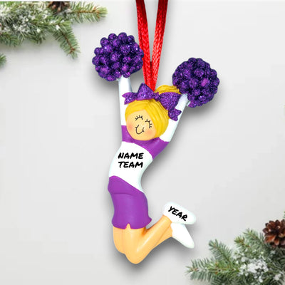 Blonde Female Cheerleader Ornament in Purple Uniform with Custom Name, Team, and Year – Christmas Ornament