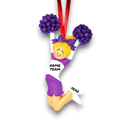 Blonde Female Cheerleader Ornament in Purple Uniform with Custom Name, Team, and Year – Christmas Ornament