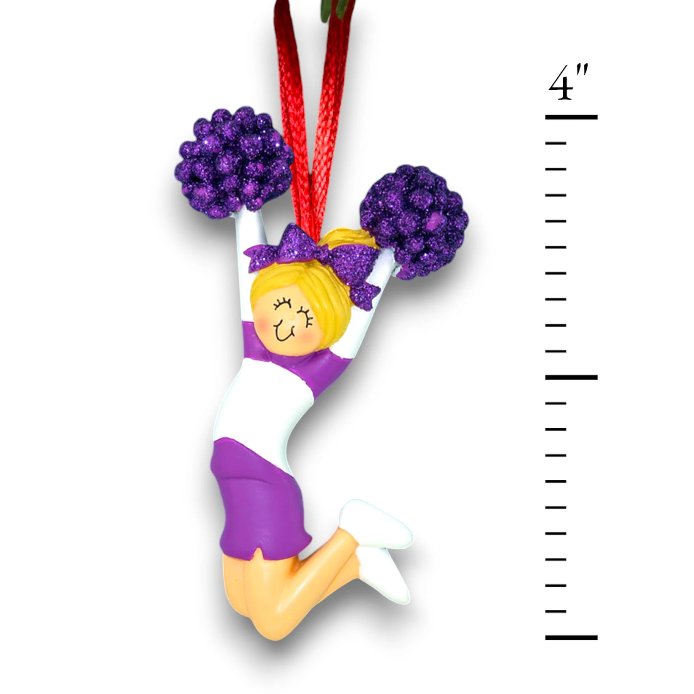 Blonde Female Cheerleader Ornament in Purple Uniform with Custom Name, Team, and Year – Christmas Ornament