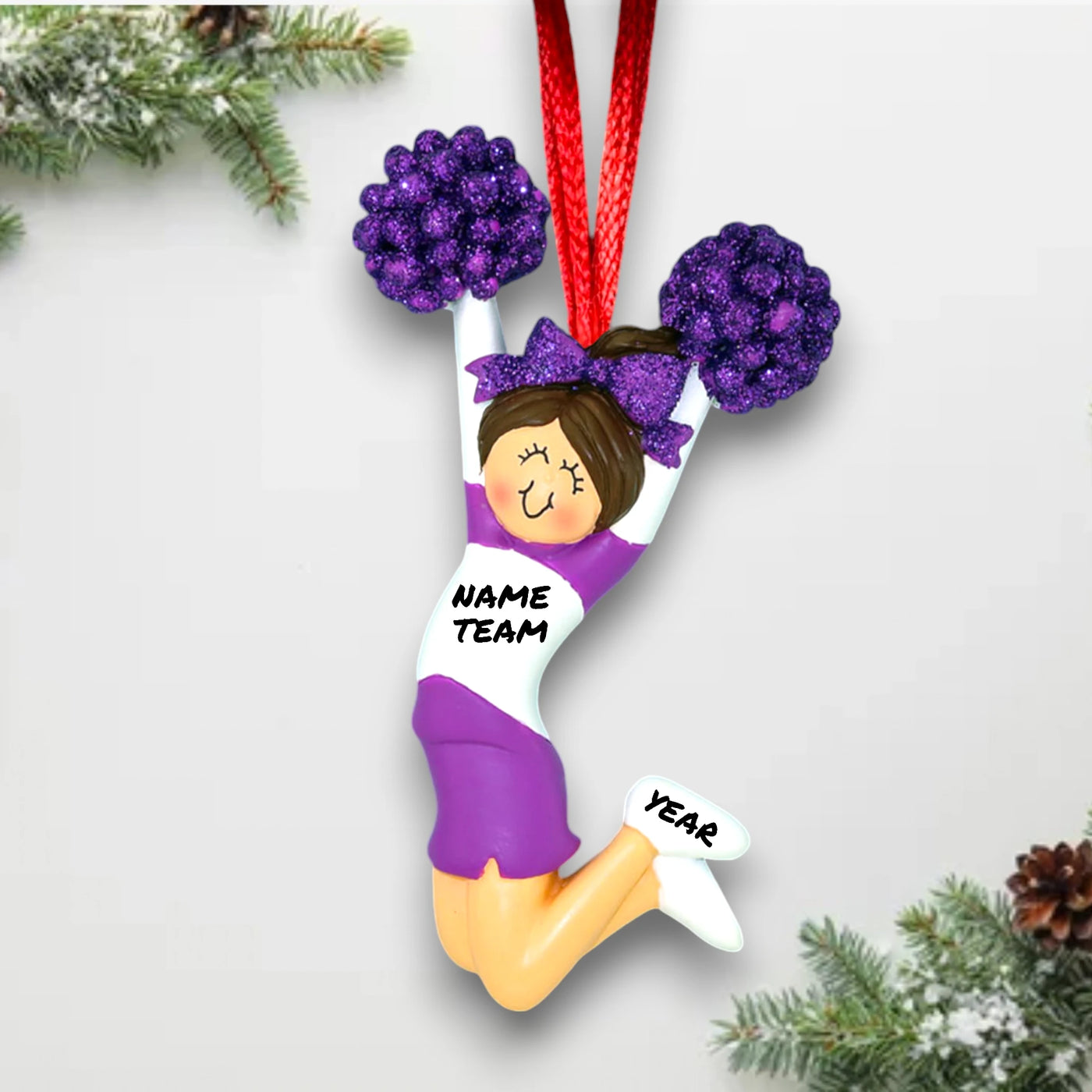 Personalized Cheerleader Purple Uniform Female Brunette Ornament with Custom Name and Team – Resin Christmas Ornament