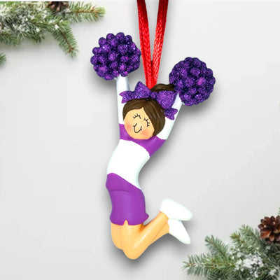 Personalized Cheerleader Purple Uniform Female Brunette Ornament with Custom Name and Team – Resin Christmas Ornament