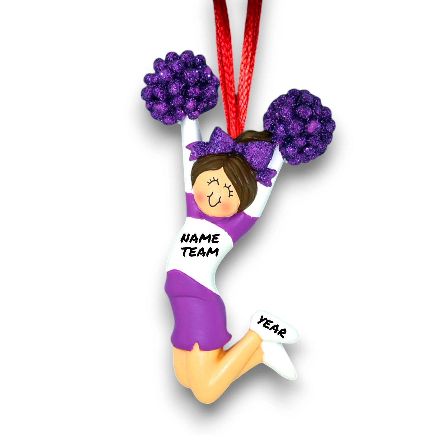 Personalized Cheerleader Purple Uniform Female Brunette Ornament with Custom Name and Team – Resin Christmas Ornament