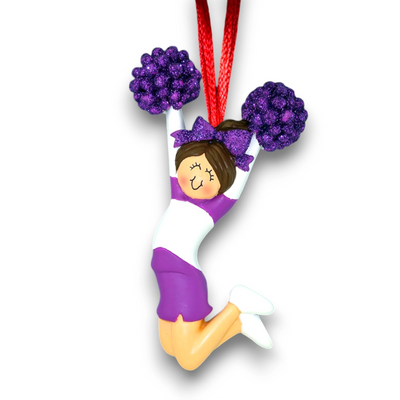 Personalized Cheerleader Purple Uniform Female Brunette Ornament with Custom Name and Team – Resin Christmas Ornament