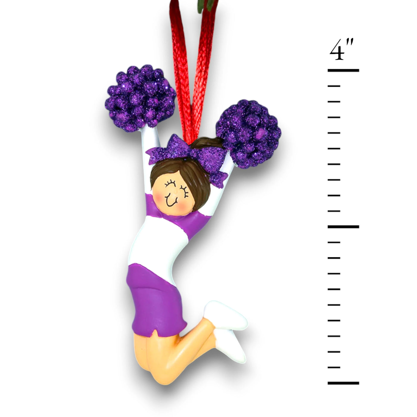 Personalized Cheerleader Purple Uniform Female Brunette Ornament with Custom Name and Team – Resin Christmas Ornament