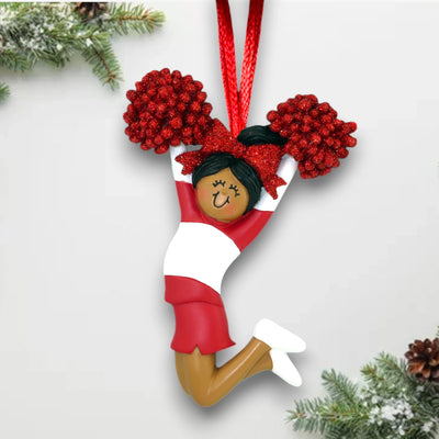 African American Cheerleader Ornament in Red Uniform with Customizable Name, Team, and Year – Holiday Christmas Decoration