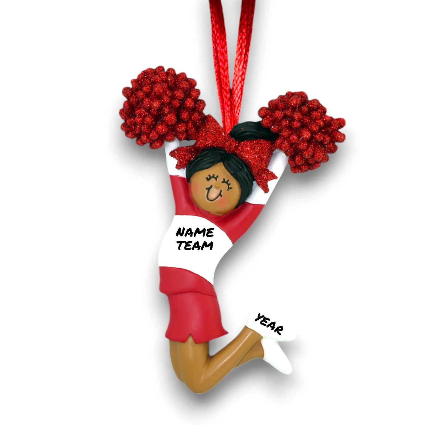 African American Cheerleader Ornament in Red Uniform with Customizable Name, Team, and Year – Holiday Christmas Decoration