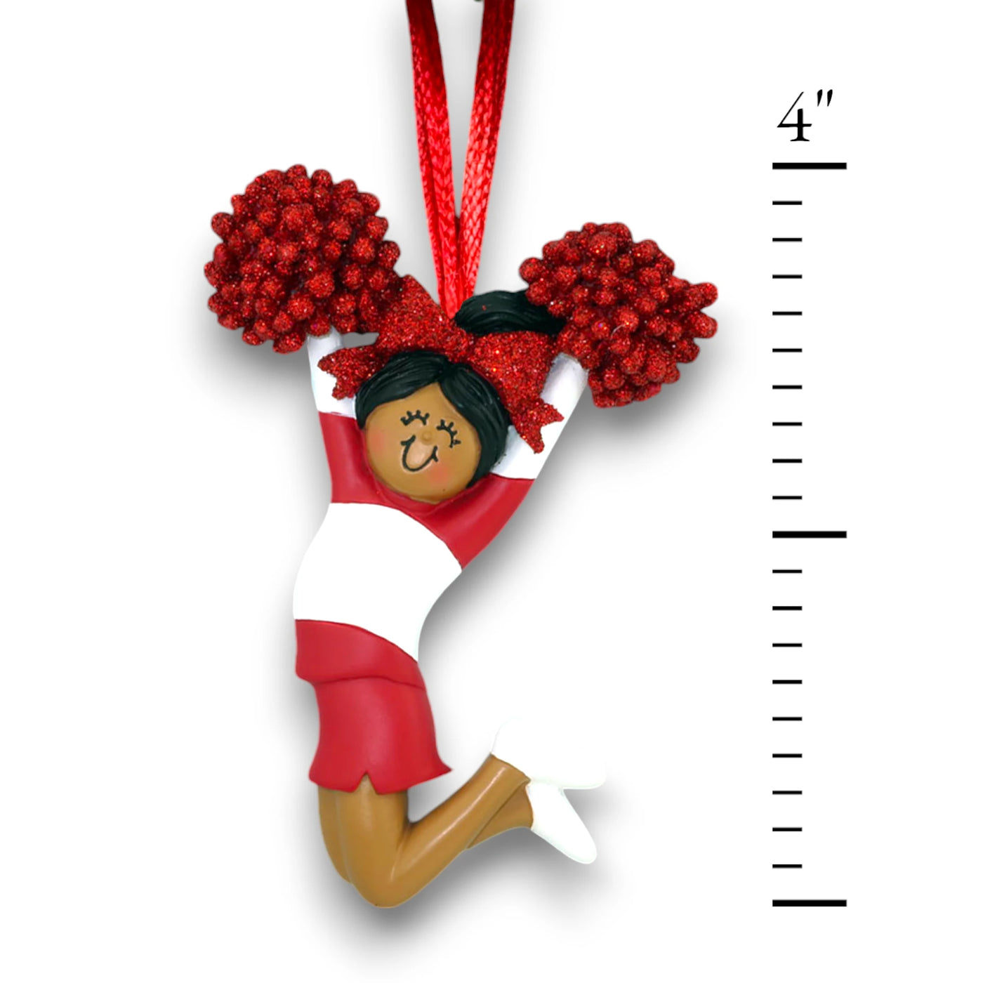 African American Cheerleader Ornament in Red Uniform with Customizable Name, Team, and Year – Holiday Christmas Decoration