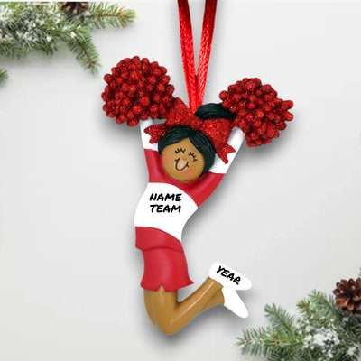 African American Cheerleader Ornament in Red Uniform with Customizable Name, Team, and Year – Holiday Christmas Decoration