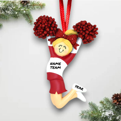 Personalized Red Cheerleader Ornament with Name, Team, and Year – Blonde Female Resin Ornament