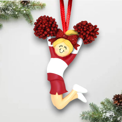 Personalized Red Cheerleader Ornament with Name, Team, and Year – Blonde Female Resin Ornament