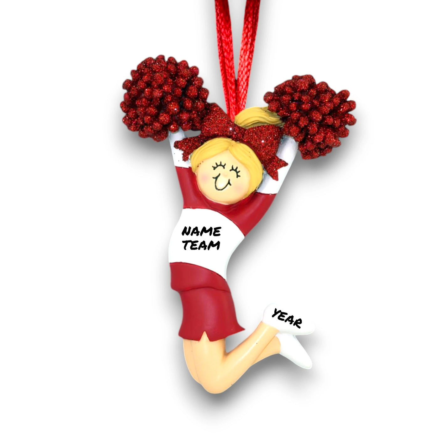 Personalized Red Cheerleader Ornament with Name, Team, and Year – Blonde Female Resin Ornament