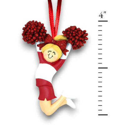 Personalized Red Cheerleader Ornament with Name, Team, and Year – Blonde Female Resin Ornament