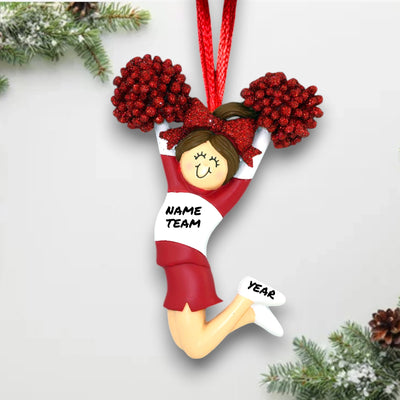 Personalized Red Cheerleader Ornament with Name, Team, and Year – Blonde Female Resin Ornament