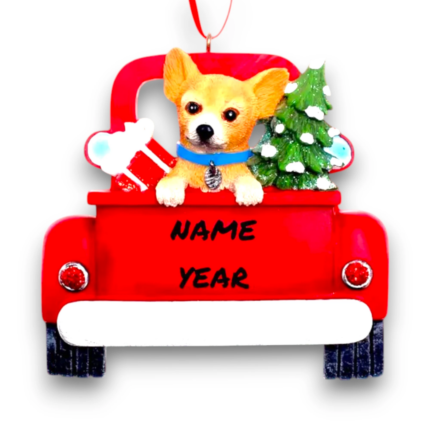 Personalized Chihuahua In Back Of Truck Christmas Ornament featuring a Chihuahua, a festive red truck, a Christmas tree, and a wrapped gift, customizable with name and year.

