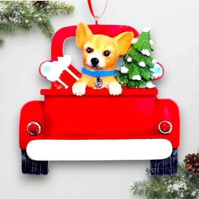 Personalized Chihuahua In Back Of Truck Christmas Ornament featuring a Chihuahua, a festive red truck, a Christmas tree, and a wrapped gift, customizable with name and year.
