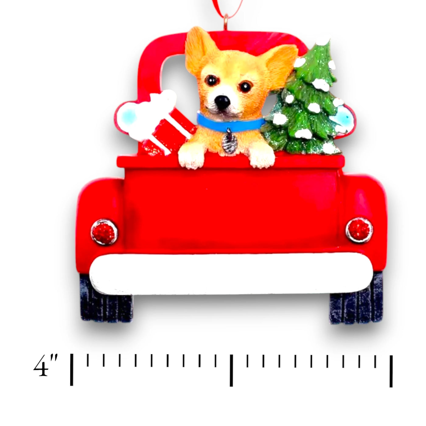 Personalized Chihuahua In Back Of Truck Christmas Ornament featuring a Chihuahua, a festive red truck, a Christmas tree, and a wrapped gift, customizable with name and year.
