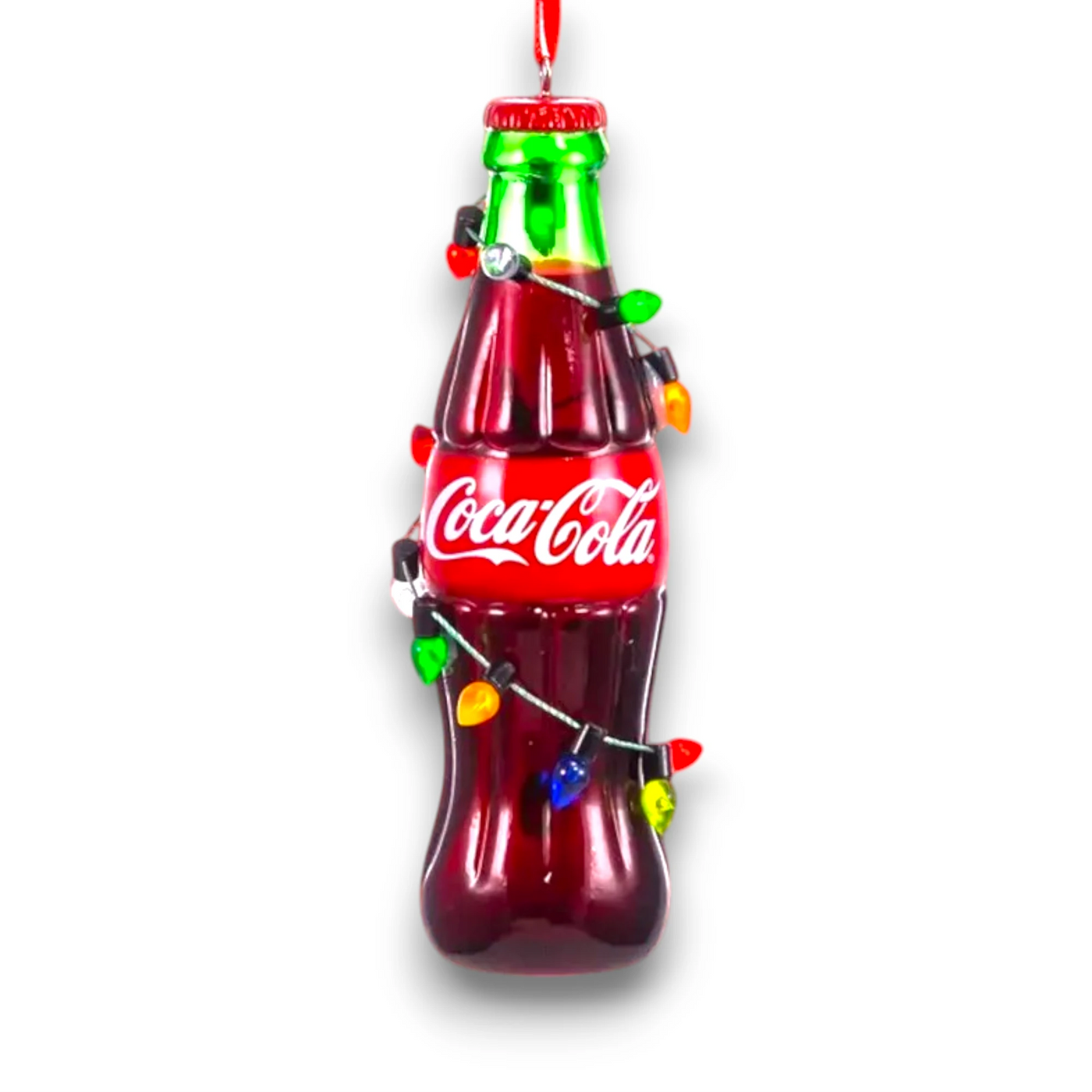 Personalized Coke Bottle With Light String Christmas Ornament featuring a classic Coca-Cola bottle wrapped in colorful Christmas lights.
