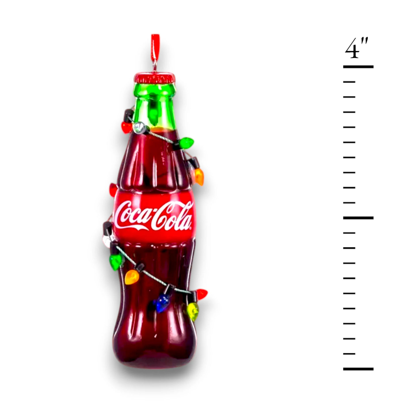 Personalized Coke Bottle With Light String Christmas Ornament featuring a classic Coca-Cola bottle wrapped in colorful Christmas lights.
