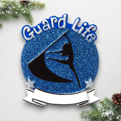 Personalized Color Guard Blue Christmas Ornament with customizable name, featuring a performer silhouette on a blue glitter background.
