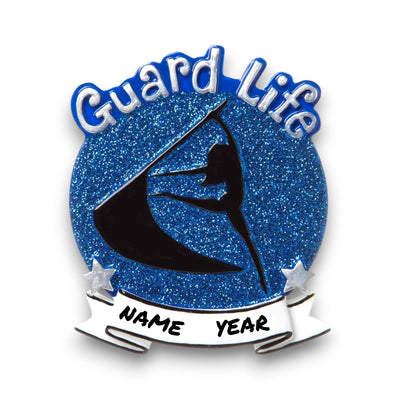 Personalized Color Guard Blue Christmas Ornament with customizable name, featuring a performer silhouette on a blue glitter background.
