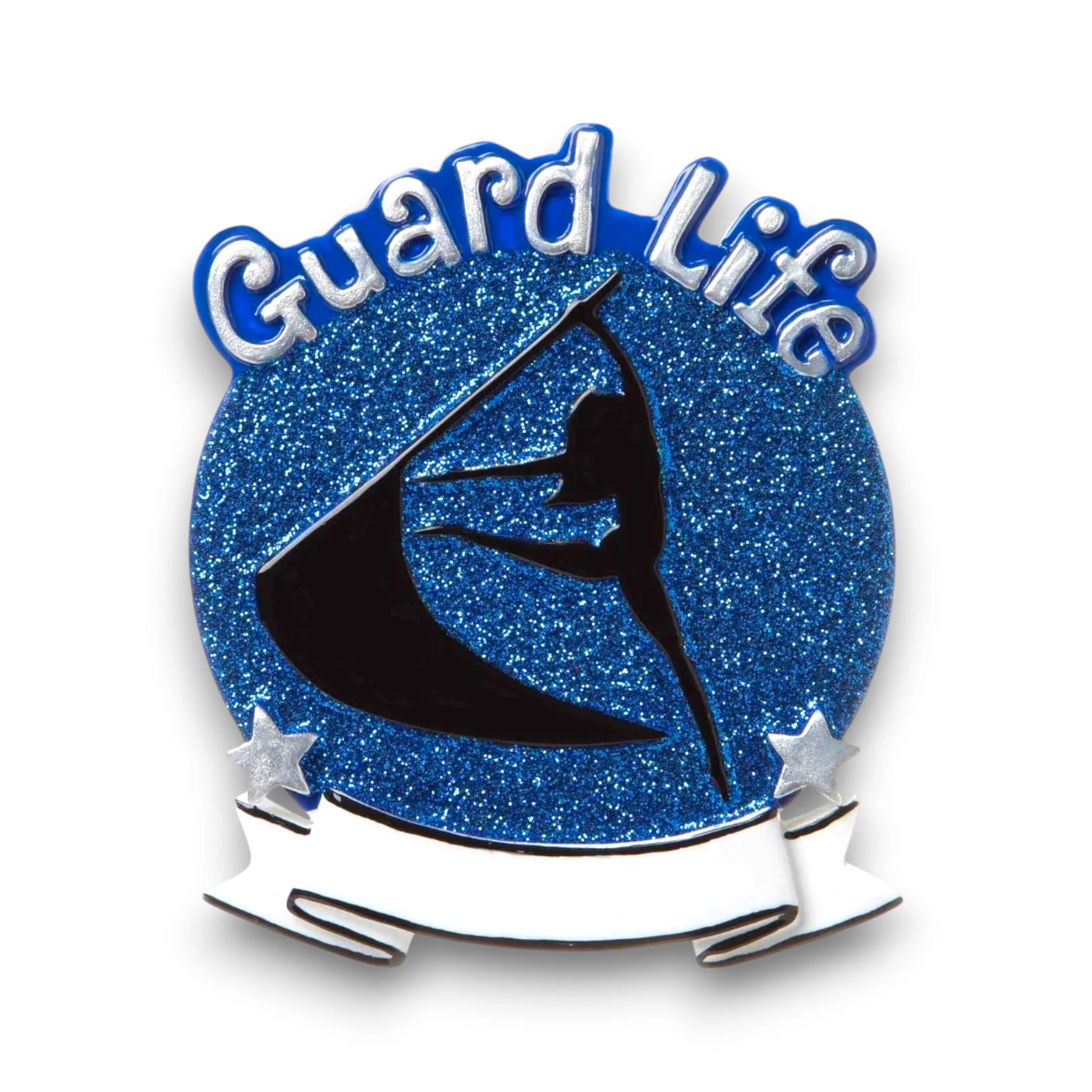 Personalized Color Guard Blue Christmas Ornament with customizable name, featuring a performer silhouette on a blue glitter background.
