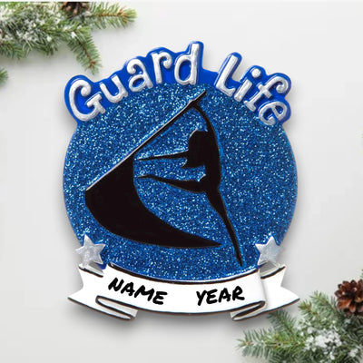 Personalized Color Guard Blue Christmas Ornament with customizable name, featuring a performer silhouette on a blue glitter background.
