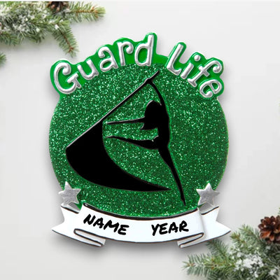 Personalized Color Guard Green Christmas Ornament with customizable name, featuring a performer silhouette on a green glitter background.
