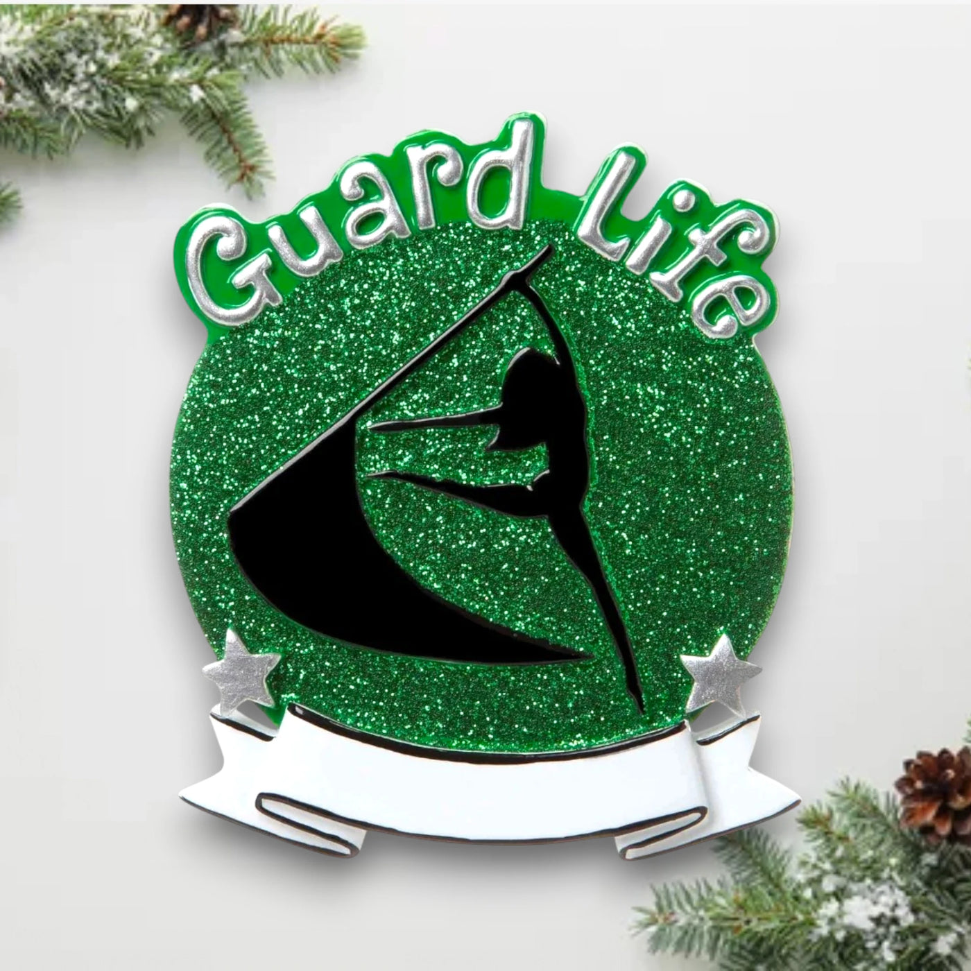 Personalized Color Guard Green Christmas Ornament with customizable name, featuring a performer silhouette on a green glitter background.
